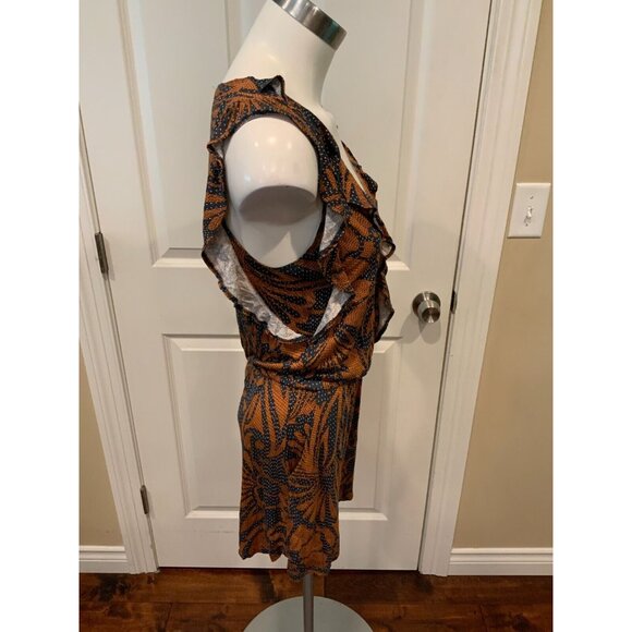 BCBG Max Azria Blue & Brown Floral Ruffle Trim Romper, Size Small - Picture 2 of 5